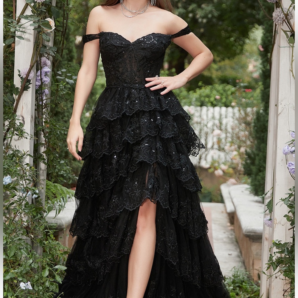 Sparkly A Line Long Off The Shoulder Sequin Black Tiered  Prom Dress with Slit